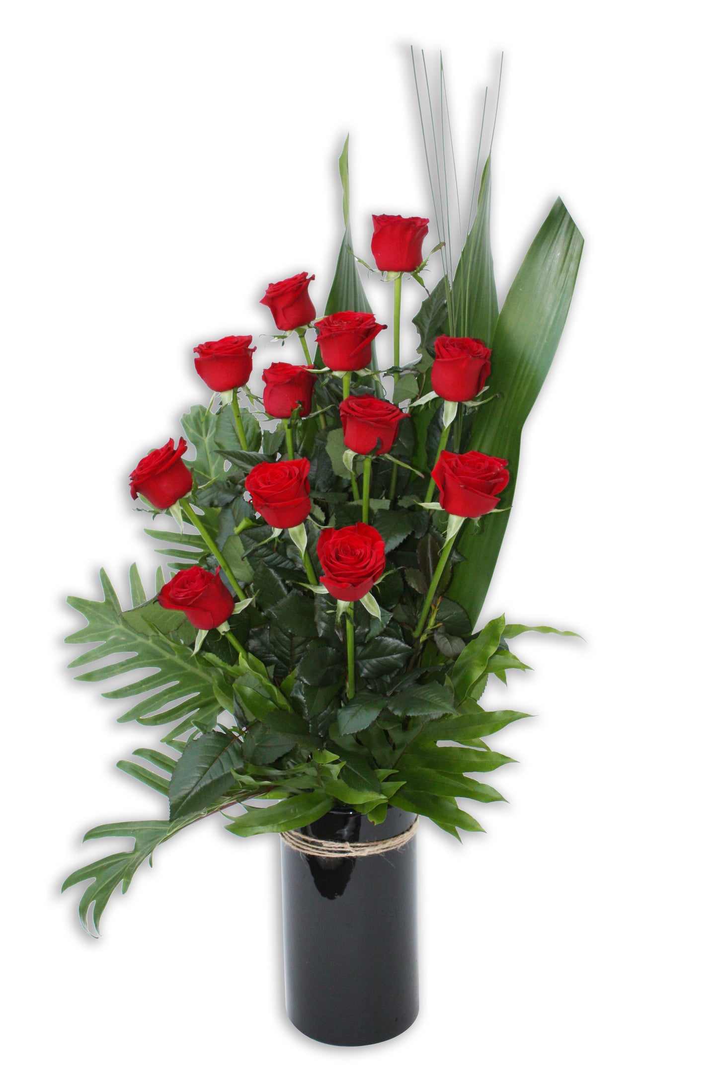 Valentines 1 Dozen Long Stem Red Roses in Ceramic Vase