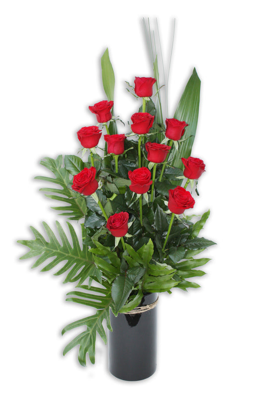 Valentines 1 Dozen Long Stem Red Roses in Ceramic Vase