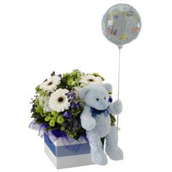 Baby Boy Box Arrangement with a Balloon & Teddy Bear