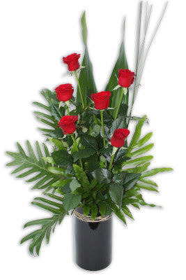6 Long Stem Red Roses in Ceramic Vase